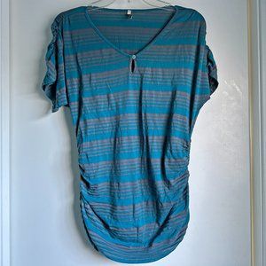 Olivia Moon Ruched Side Tee - Turquoise and Grey Stripes - Medium